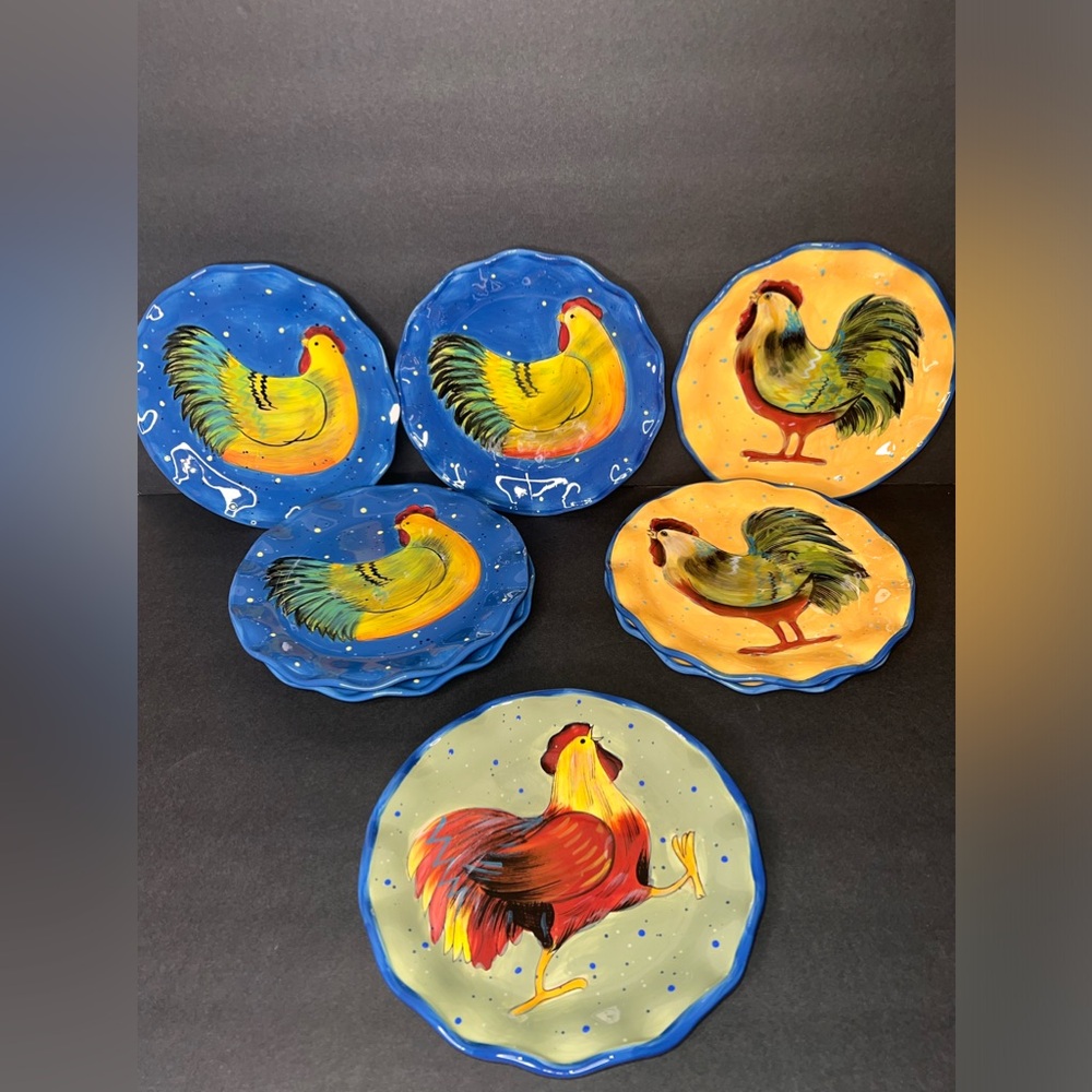 8 Certified International Rooster Chicken Country Collage Susan Winget Plates